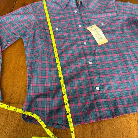 Wrangler Button Down Western Shirt Pearl Snap Plaid Navy Pink Girls XL Rodeo - Picture 10 of 12